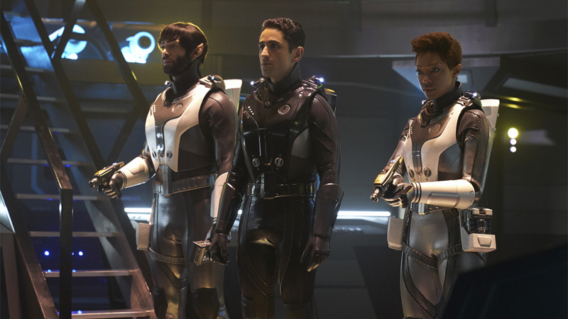 Spock, Gant (or really, Control-Gant), and Michael beam aboard the wayward Section 31 ship.